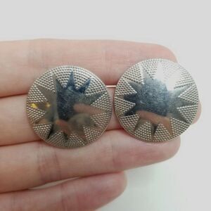 Vintage Silver Tone Starburst Design Stud Earrings, Round Shape, Retro 80s Style